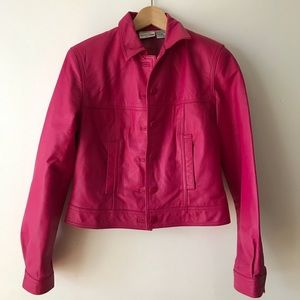 Pink leather trucker jacket